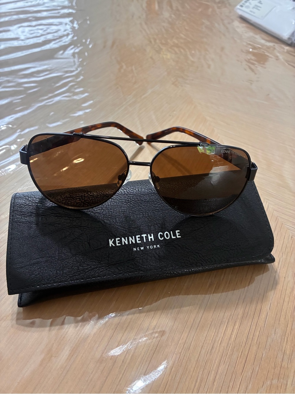 Kenneth Cole Aviator Sunglasses with Brown Lenses and Tortoiseshell Temples